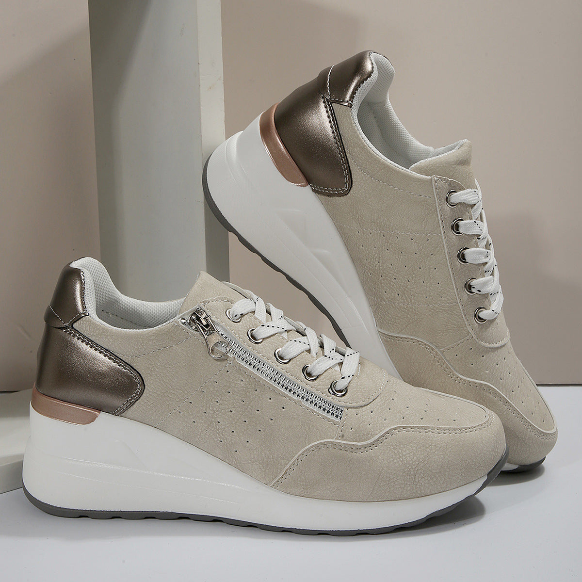Women's Wedge Platform Faux Suede Trainers with Side Zip