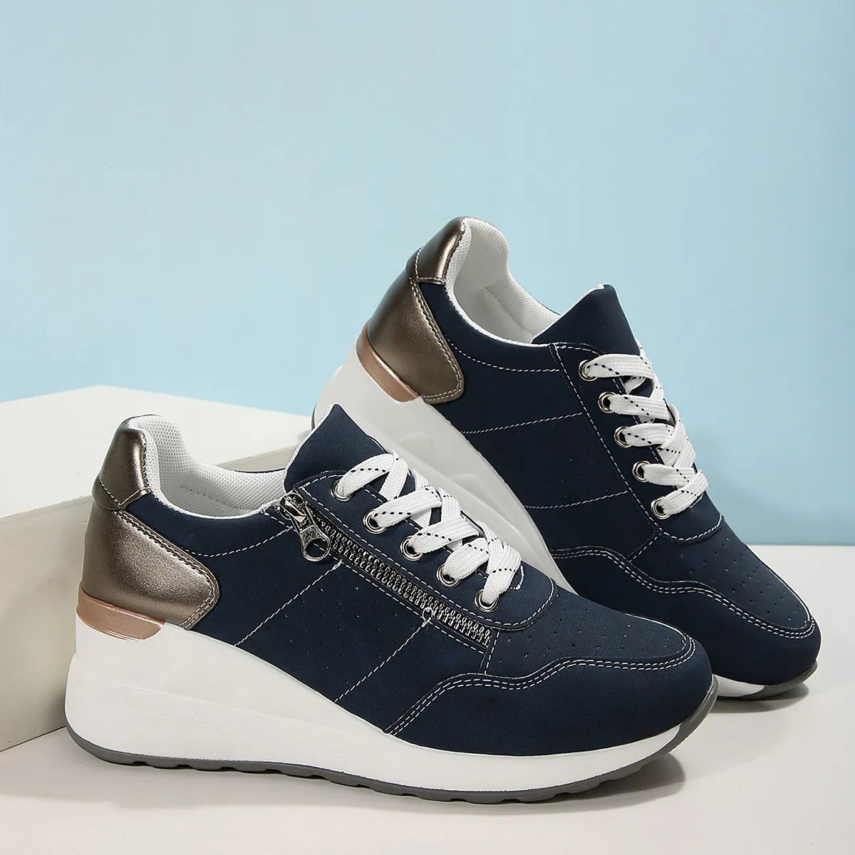 Women's Wedge Platform Faux Suede Trainers with Side Zip