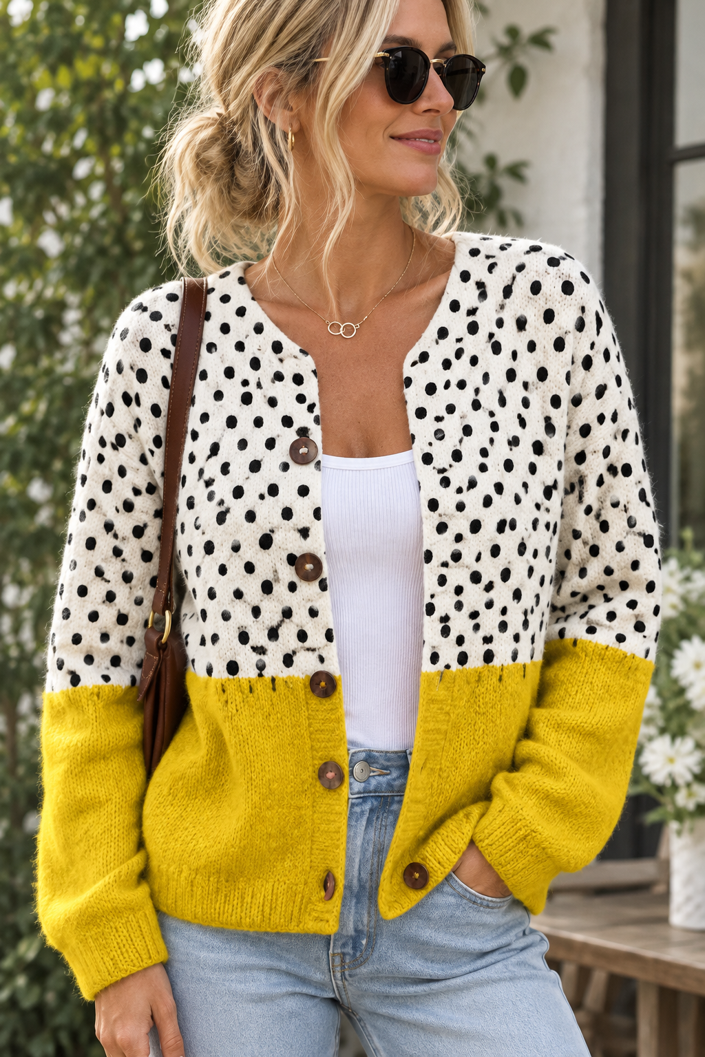 Women's Polka Dot Colour Block Knit Cardigan in Yellow