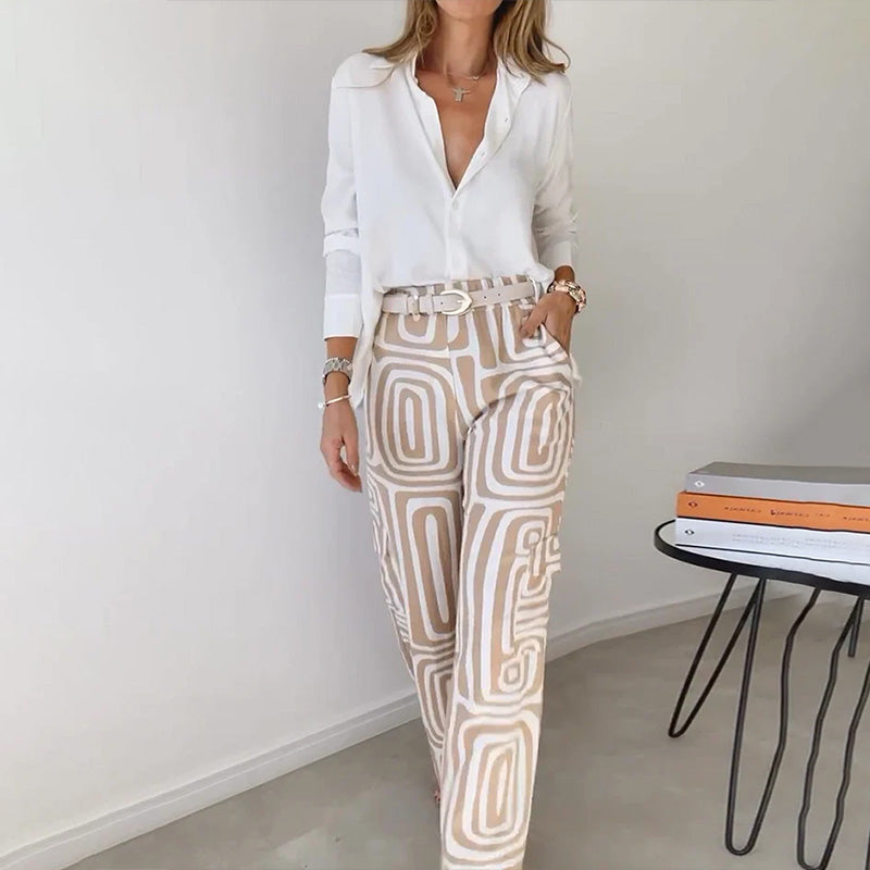 Women's Two-Piece Shirt & Printed Wide Leg Trouser Set