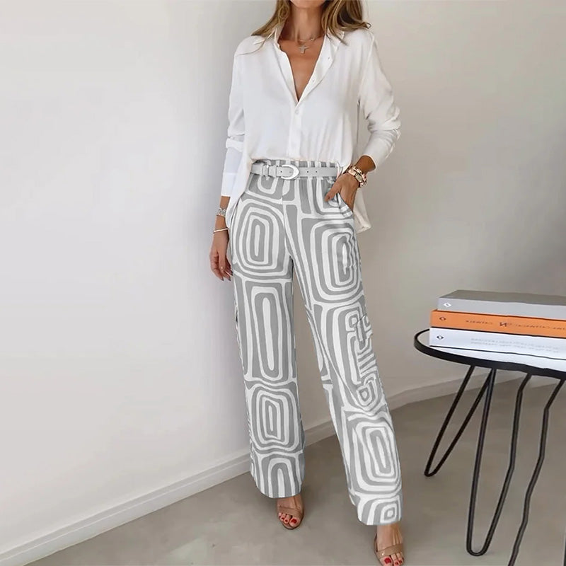 Women's Two-Piece Shirt & Printed Wide Leg Trouser Set