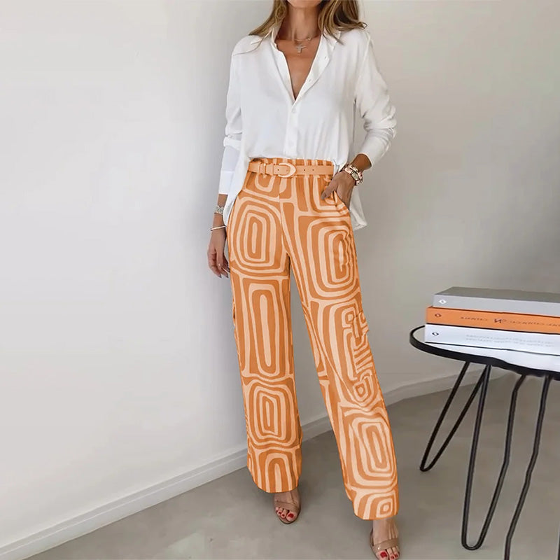 Women's Two-Piece Shirt & Printed Wide Leg Trouser Set