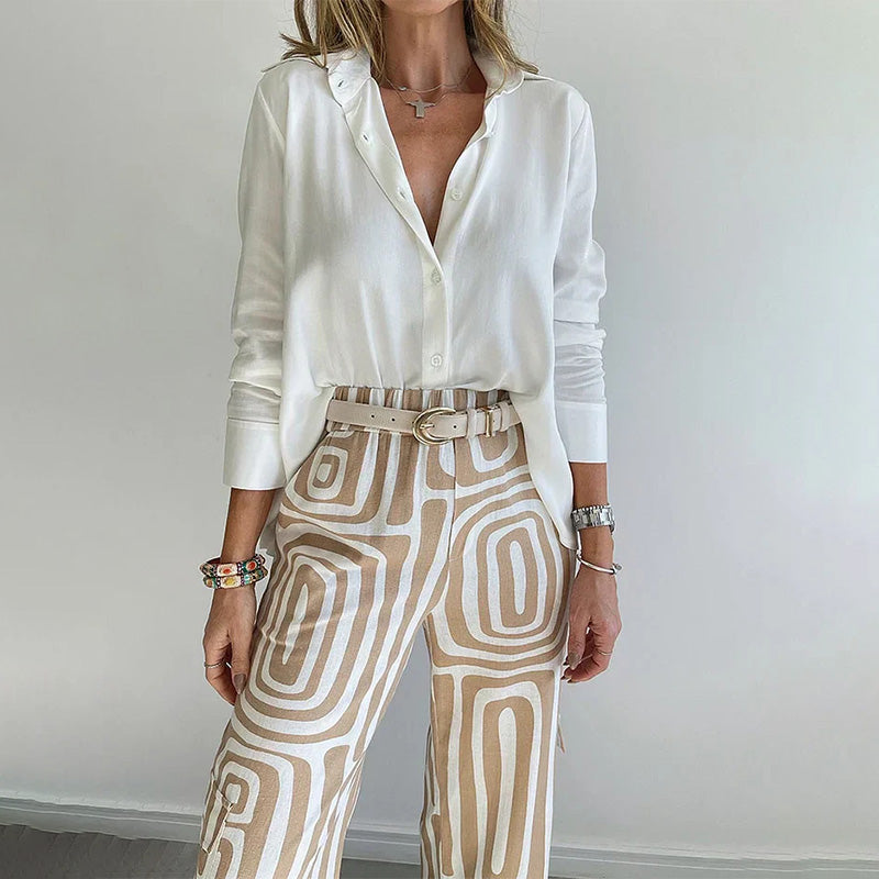 Women's Two-Piece Shirt & Printed Wide Leg Trouser Set