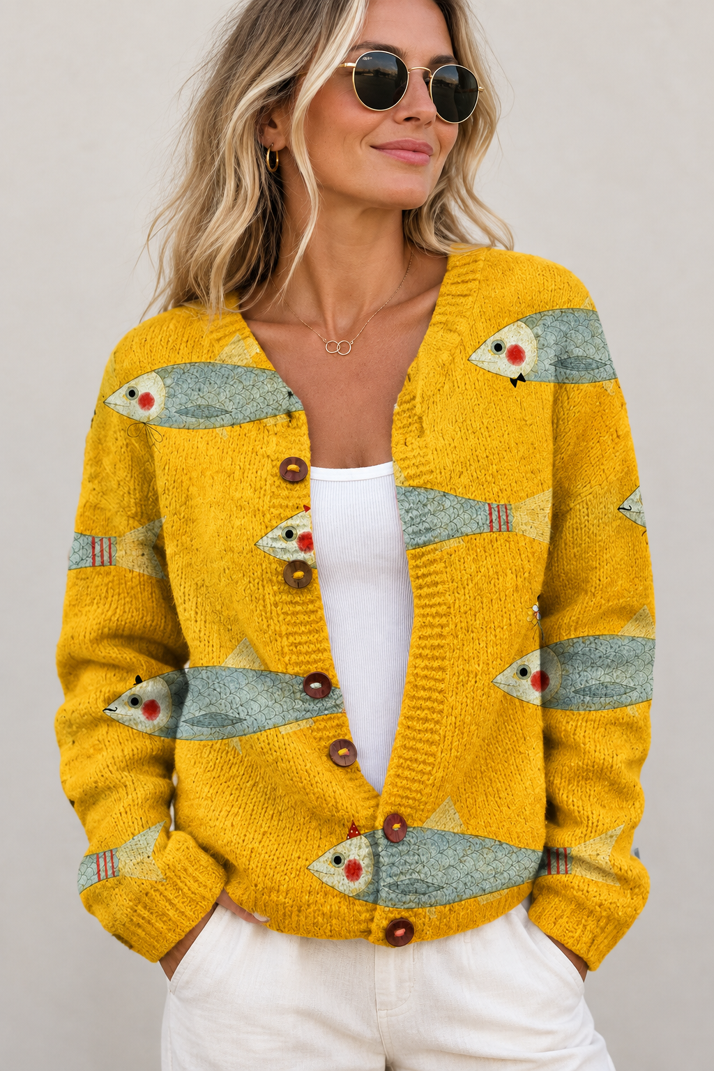 Women's Fish Print Knit Cardigan in Yellow