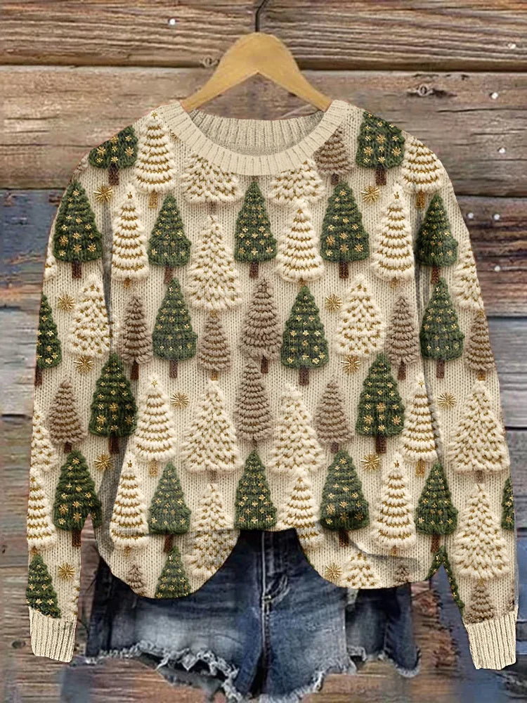 Women's Christmas Jumper Tree Print Crew Neck