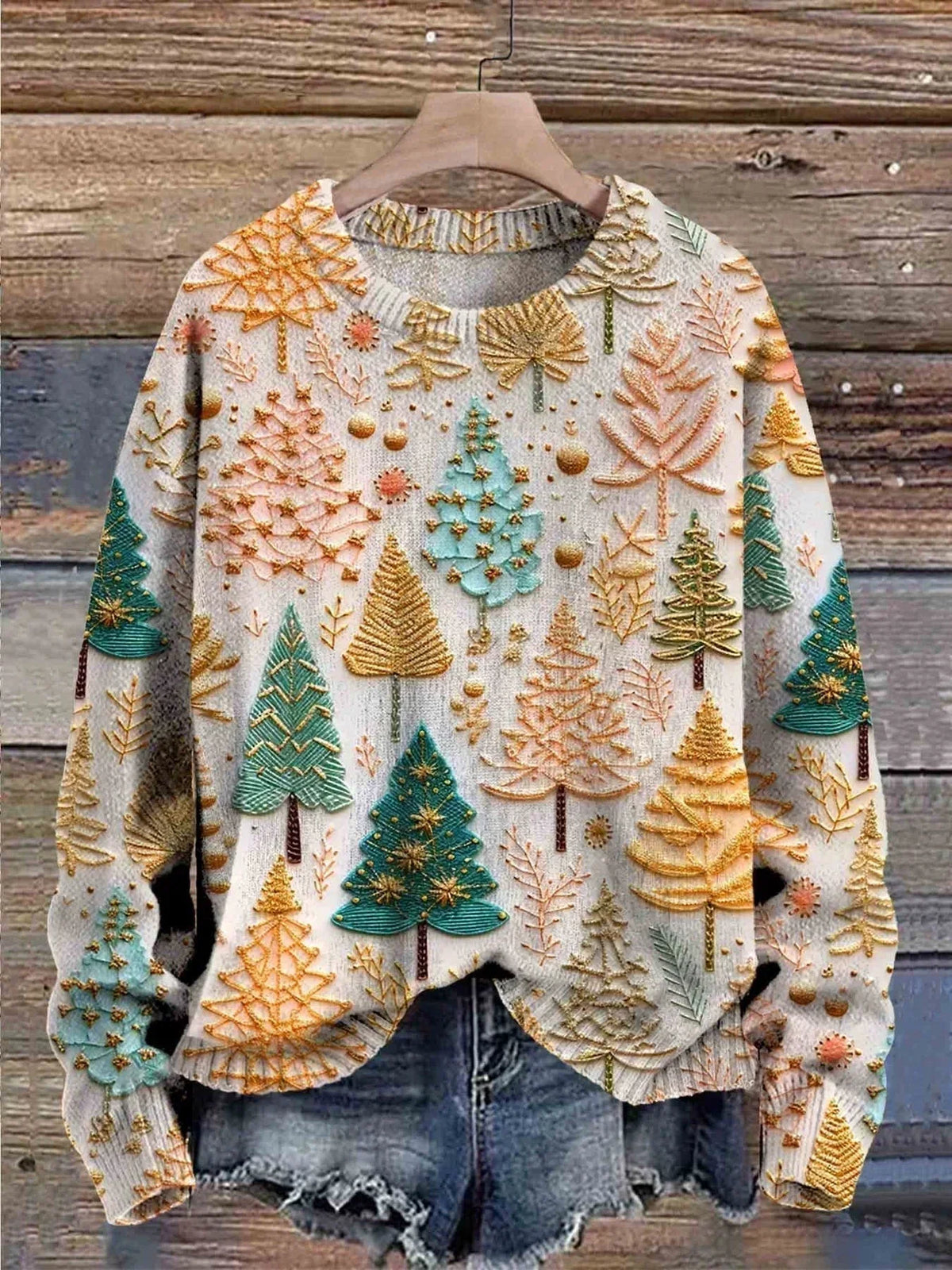 Women's Christmas Jumper Tree Print Crew Neck