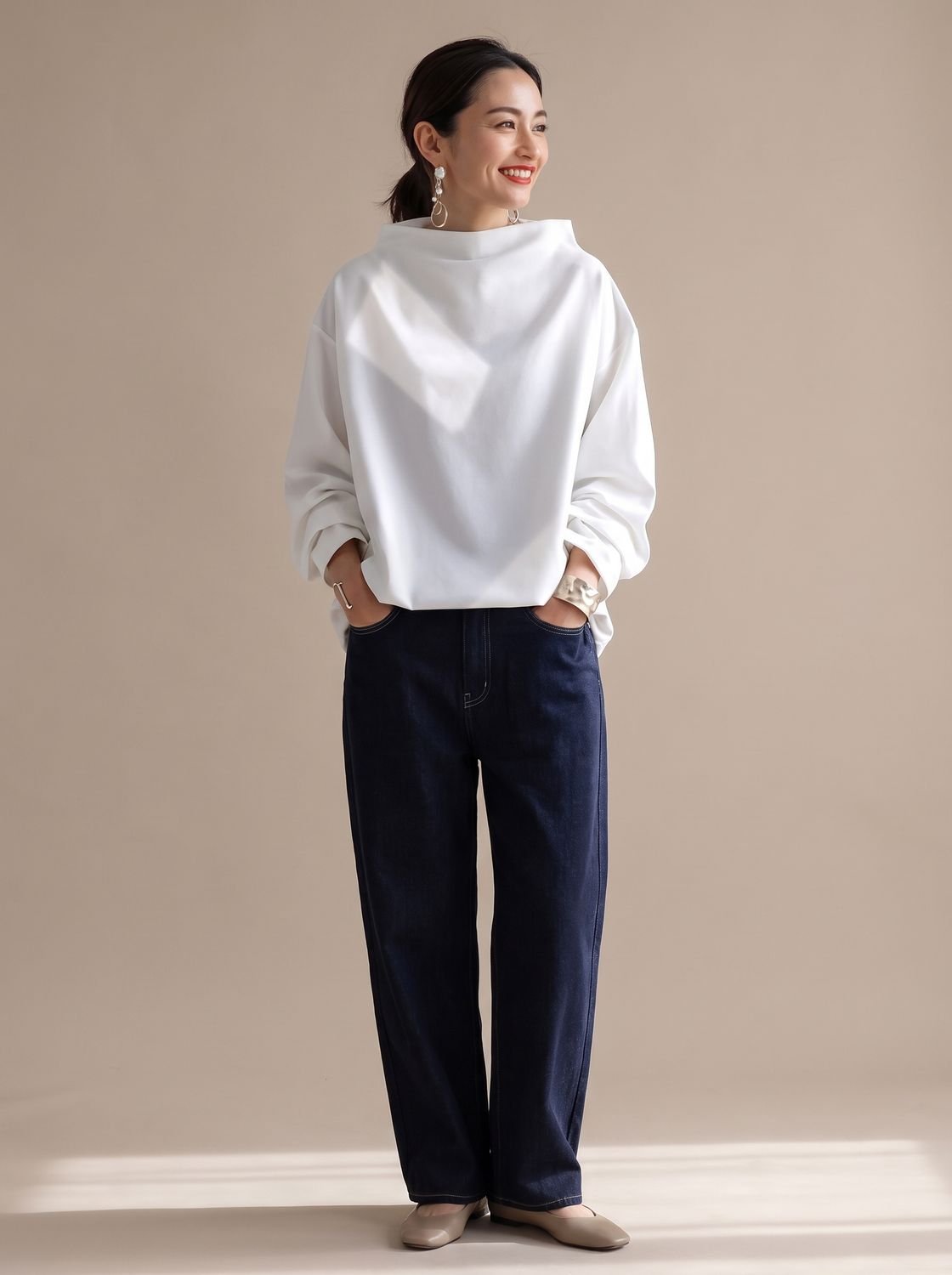 Women's Relaxed Fit Funnel Neck Long Sleeve Top