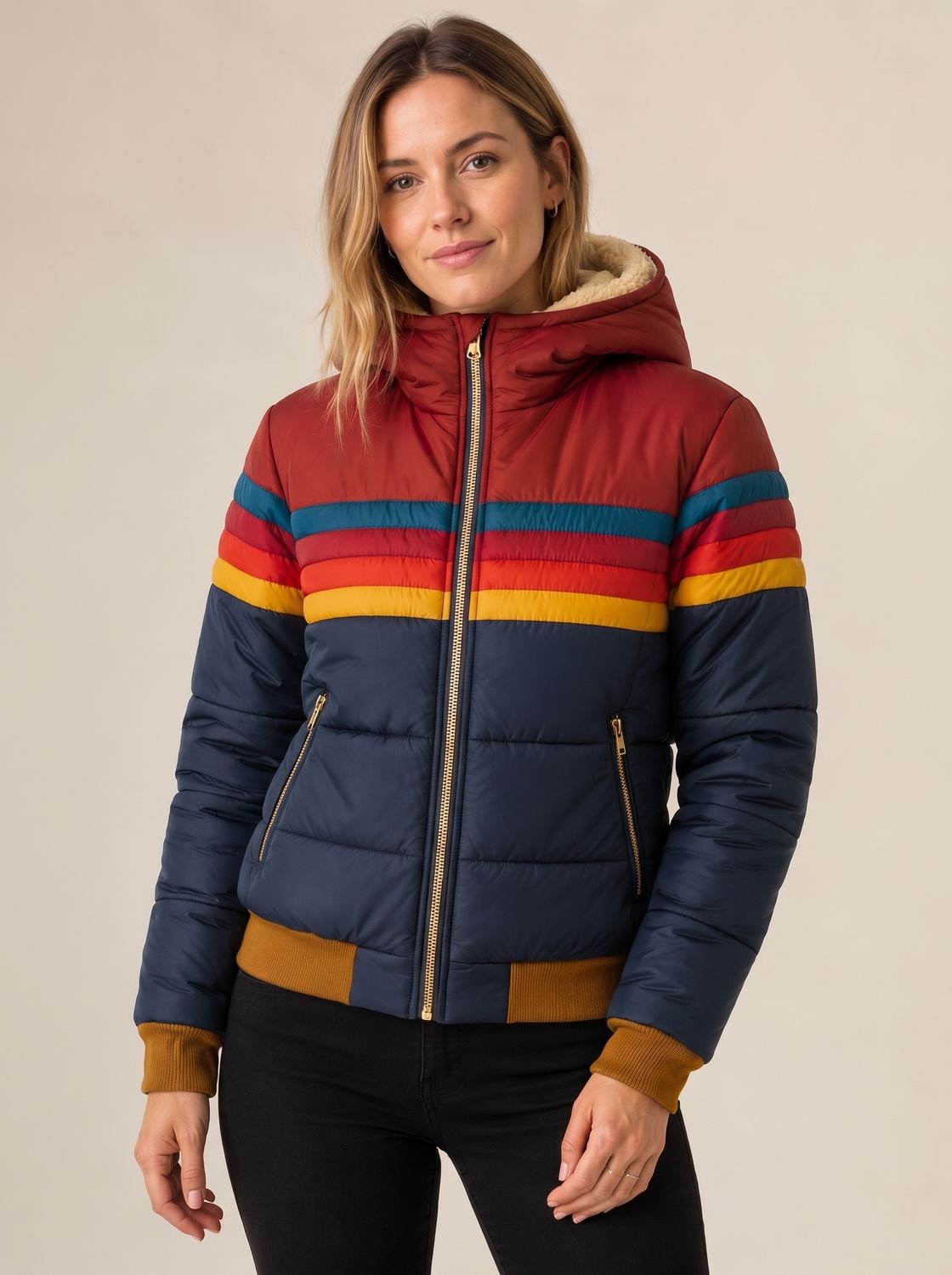 Women's Retro Stripe Hooded Puffer Jacket