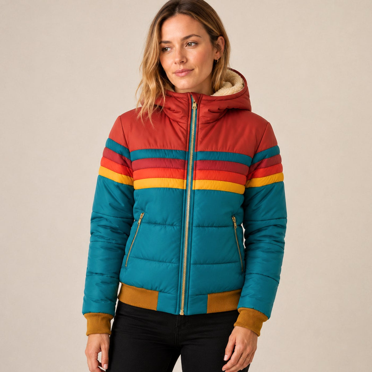 Women's Retro Stripe Hooded Puffer Jacket