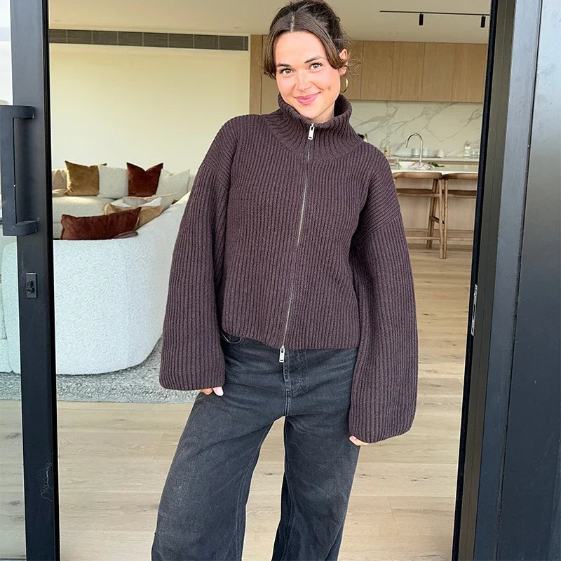 Women's Chunky Rib Zip-Up Cardigan with High Collar
