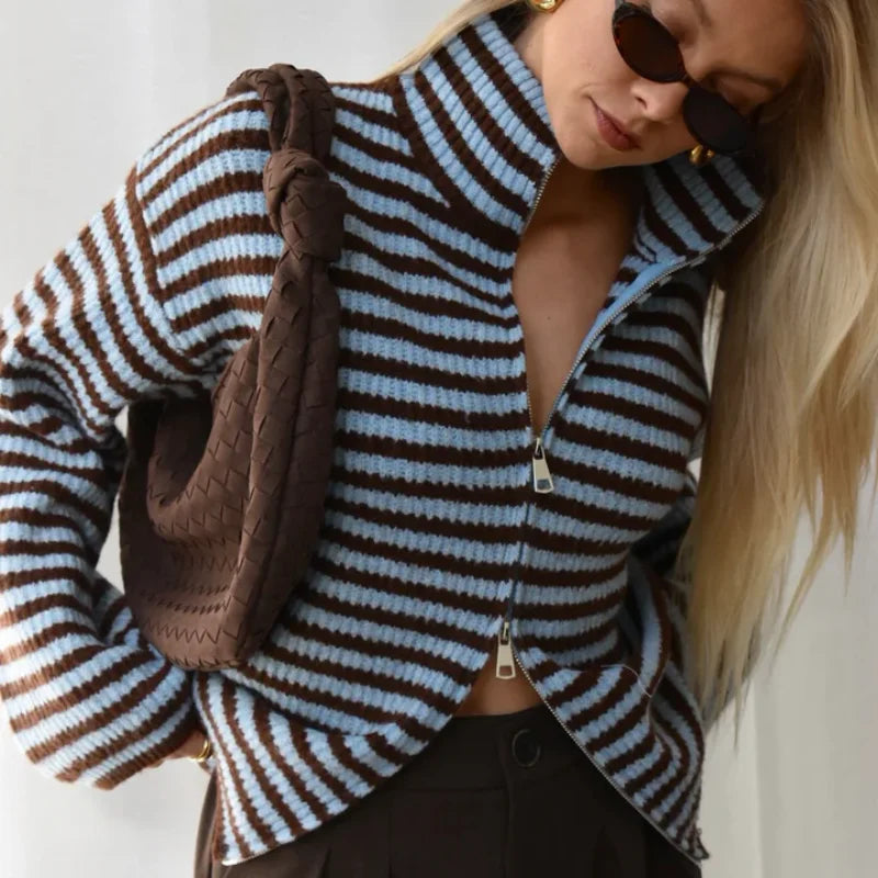 Women's Chunky Rib Zip-Up Cardigan with High Collar