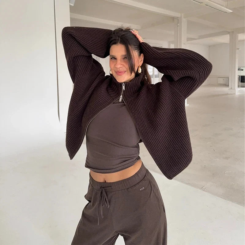 Women's Chunky Rib Zip-Up Cardigan with High Collar