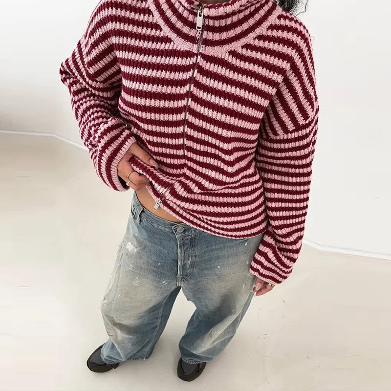 Women's Chunky Rib Zip-Up Cardigan with High Collar