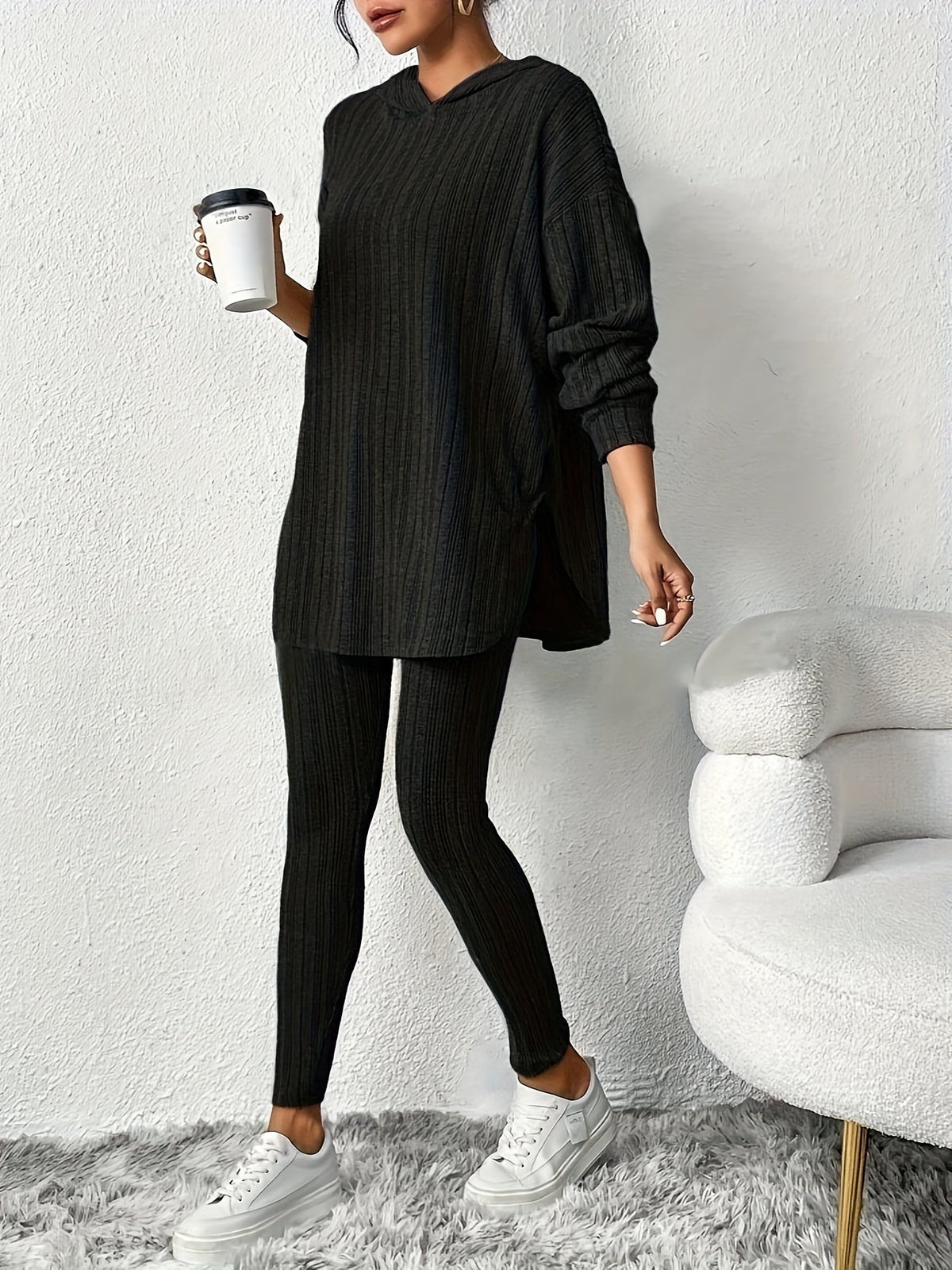 Women's Ribbed Longline Hoodie & Leggings Lounge Set