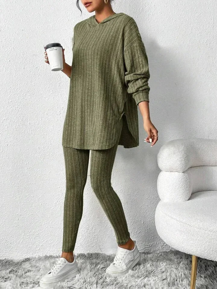 Women's Ribbed Longline Hoodie & Leggings Lounge Set
