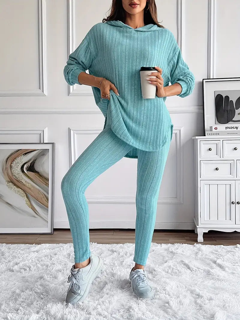 Women's Ribbed Longline Hoodie & Leggings Lounge Set
