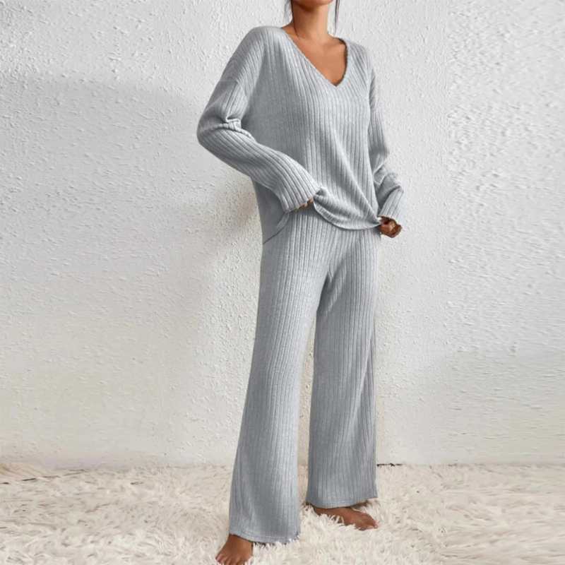 Women's Ribbed V-Neck Wide-Leg Lounge Set
