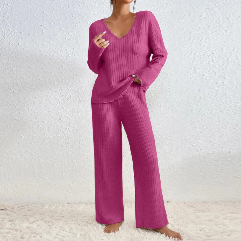 Women's Ribbed V-Neck Wide-Leg Lounge Set