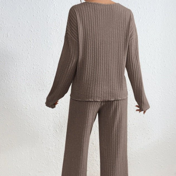 Women's Ribbed V-Neck Wide-Leg Lounge Set