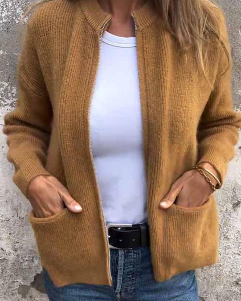 Women's Ribbed Zip-Up Knit Cardigan with Pockets