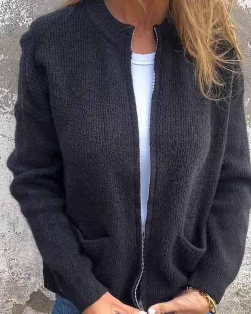 Women's Ribbed Zip-Up Knit Cardigan with Pockets