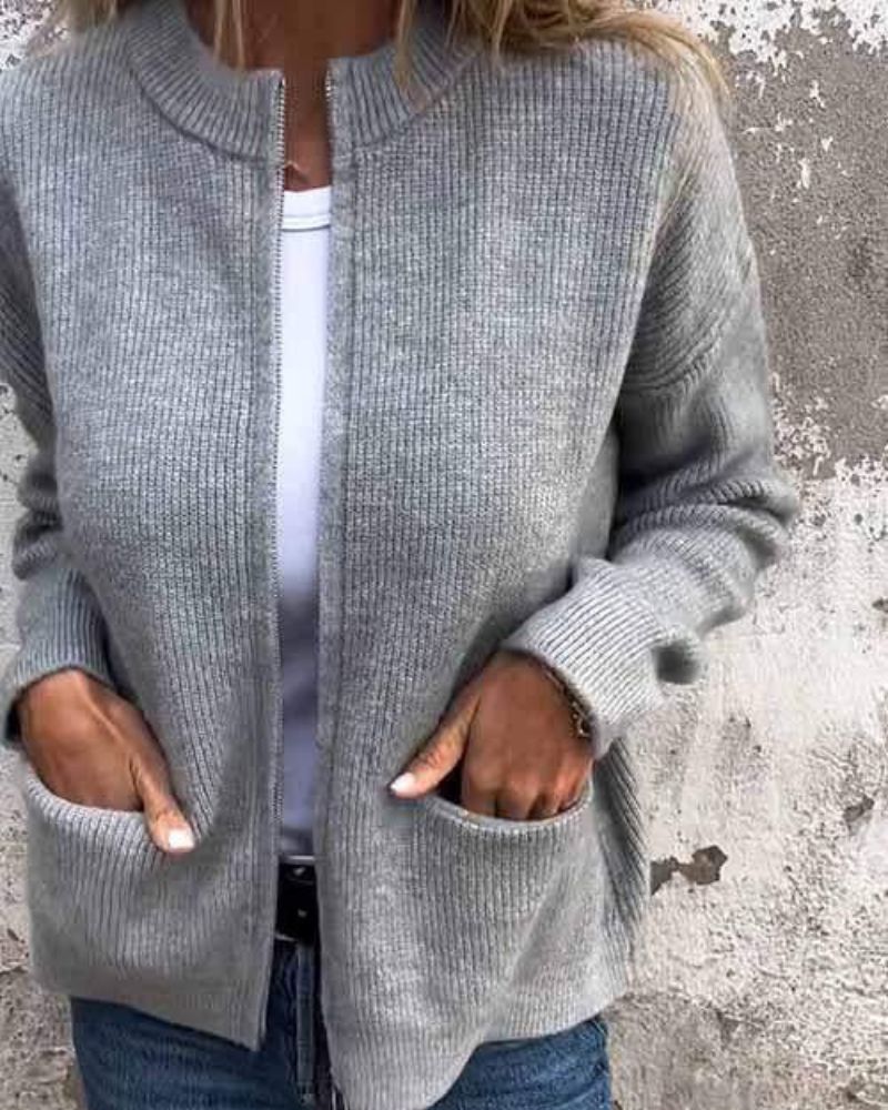 Women's Ribbed Zip-Up Knit Cardigan with Pockets