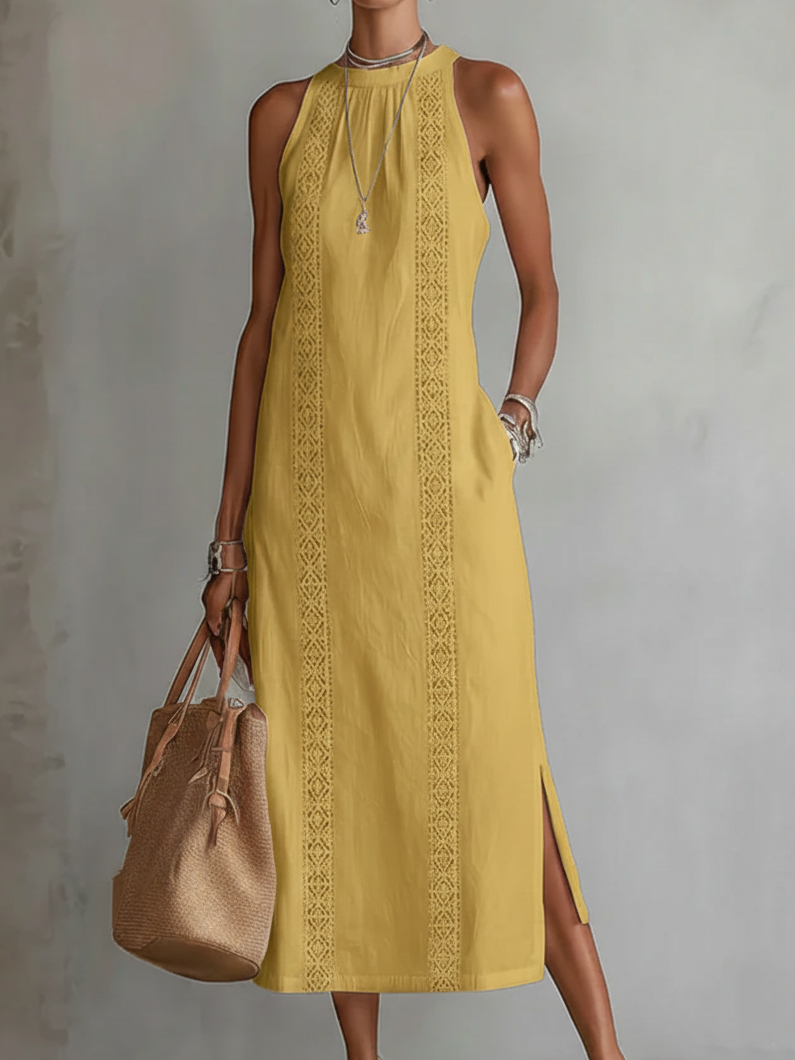 Women's Round Neck Sleeveless Midi Dress with Side Slit