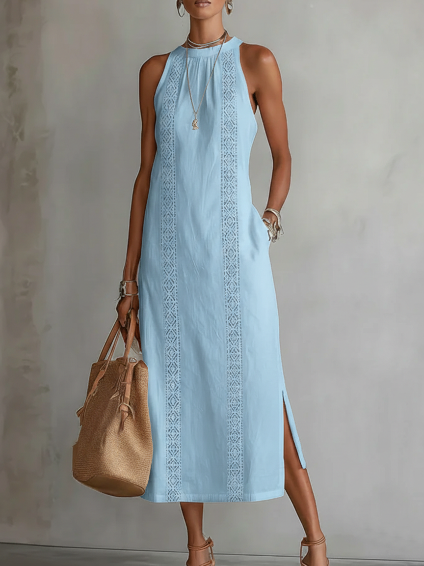 Women's Round Neck Sleeveless Midi Dress with Side Slit