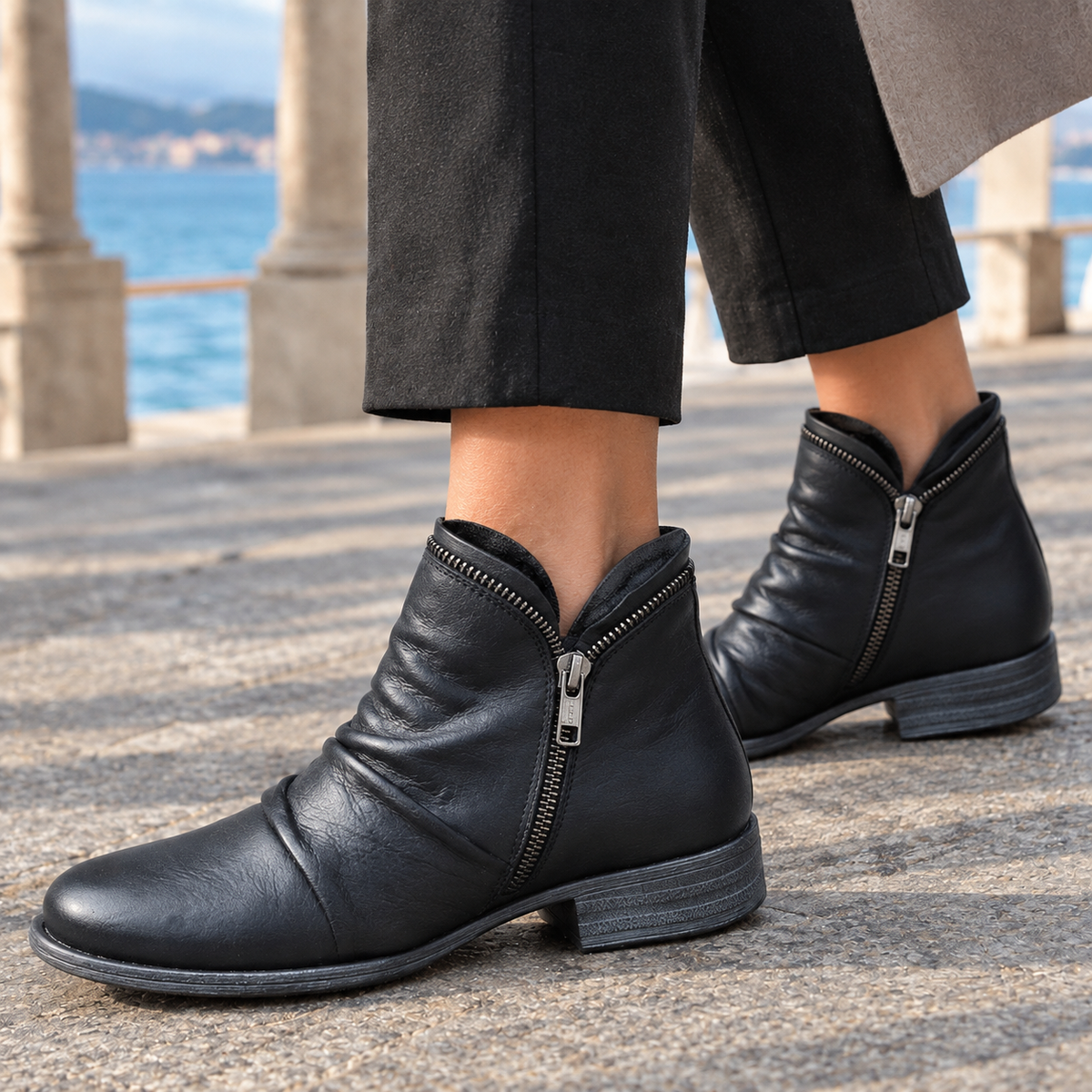 Women's Ruched Side Zip Low Heel Faux Leather Ankle Boots