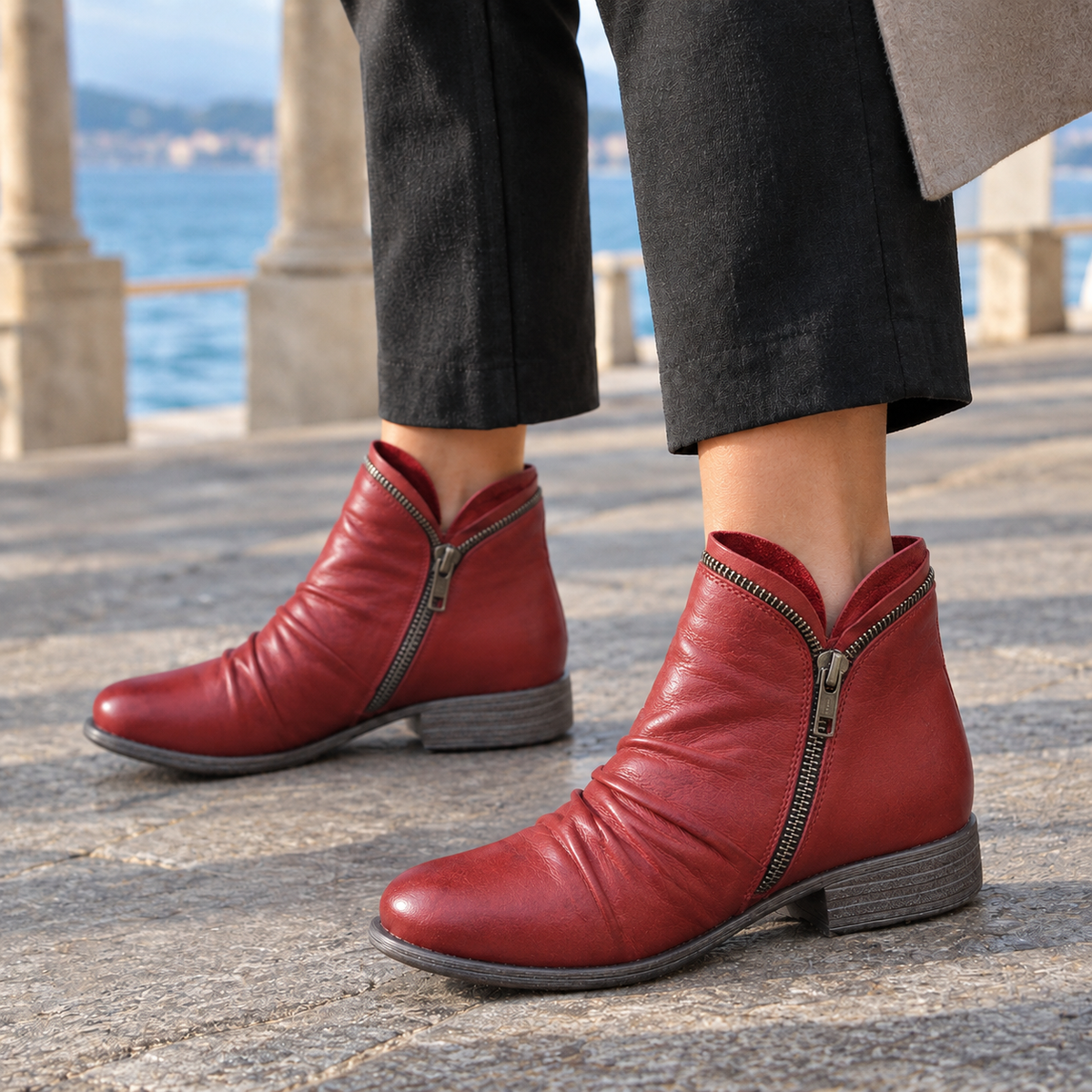 Women's Ruched Side Zip Low Heel Faux Leather Ankle Boots