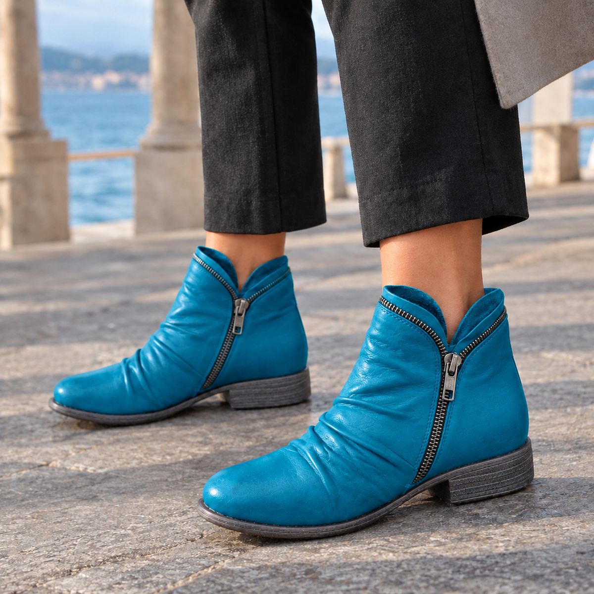 Women's Ruched Side Zip Low Heel Faux Leather Ankle Boots