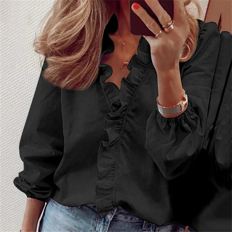 Women's Ruffle Front V-Neck Long Sleeve Blouse