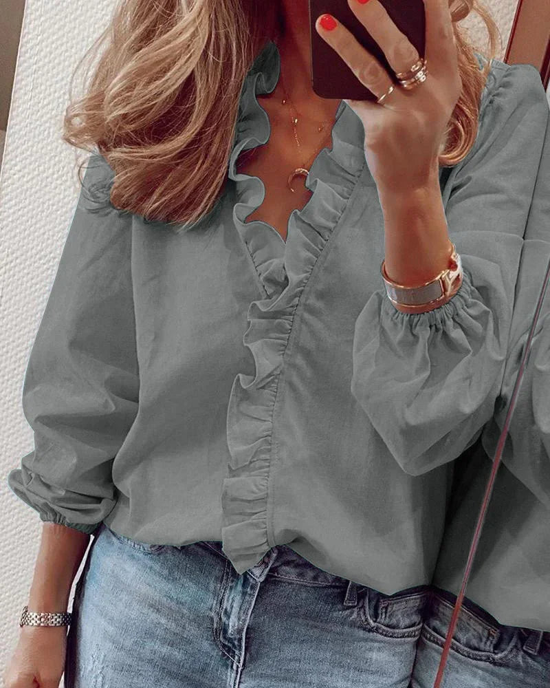 Women's Ruffle Front V-Neck Long Sleeve Blouse