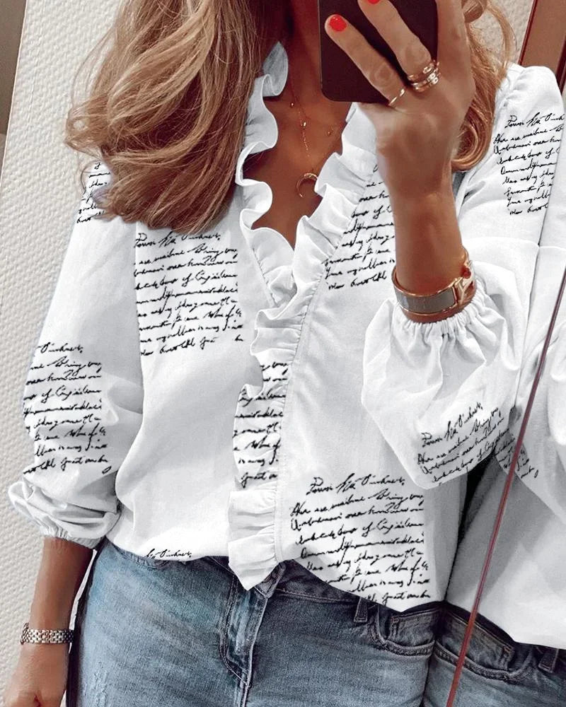 Women's Ruffle Front V-Neck Long Sleeve Blouse