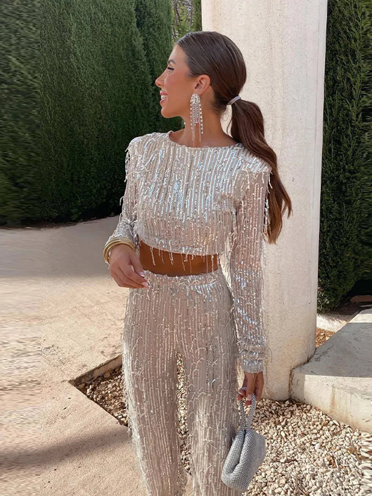 Women's Sequin Crop Top and Trousers Christmas Party Set