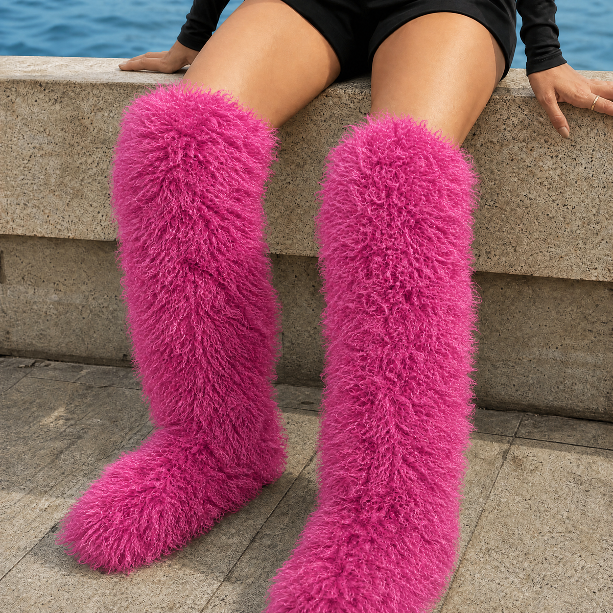 Women's Shaggy Plush Flat Thigh-High Boots