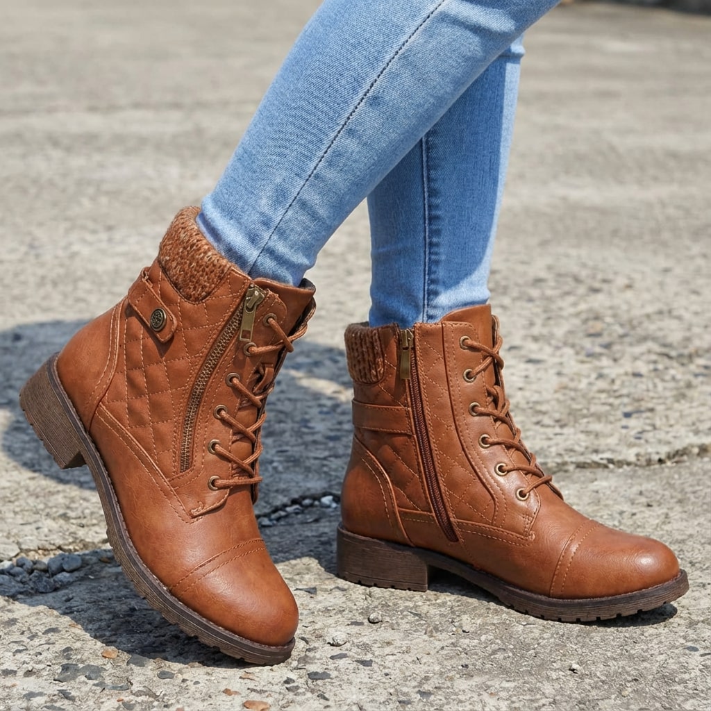 Women's Quilted Lace-Up Combat Boots with Knit Collar