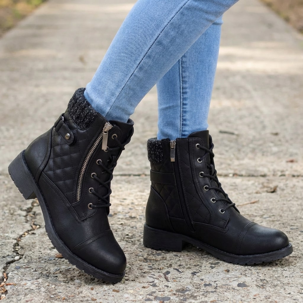 Women's Quilted Lace-Up Combat Boots with Knit Collar