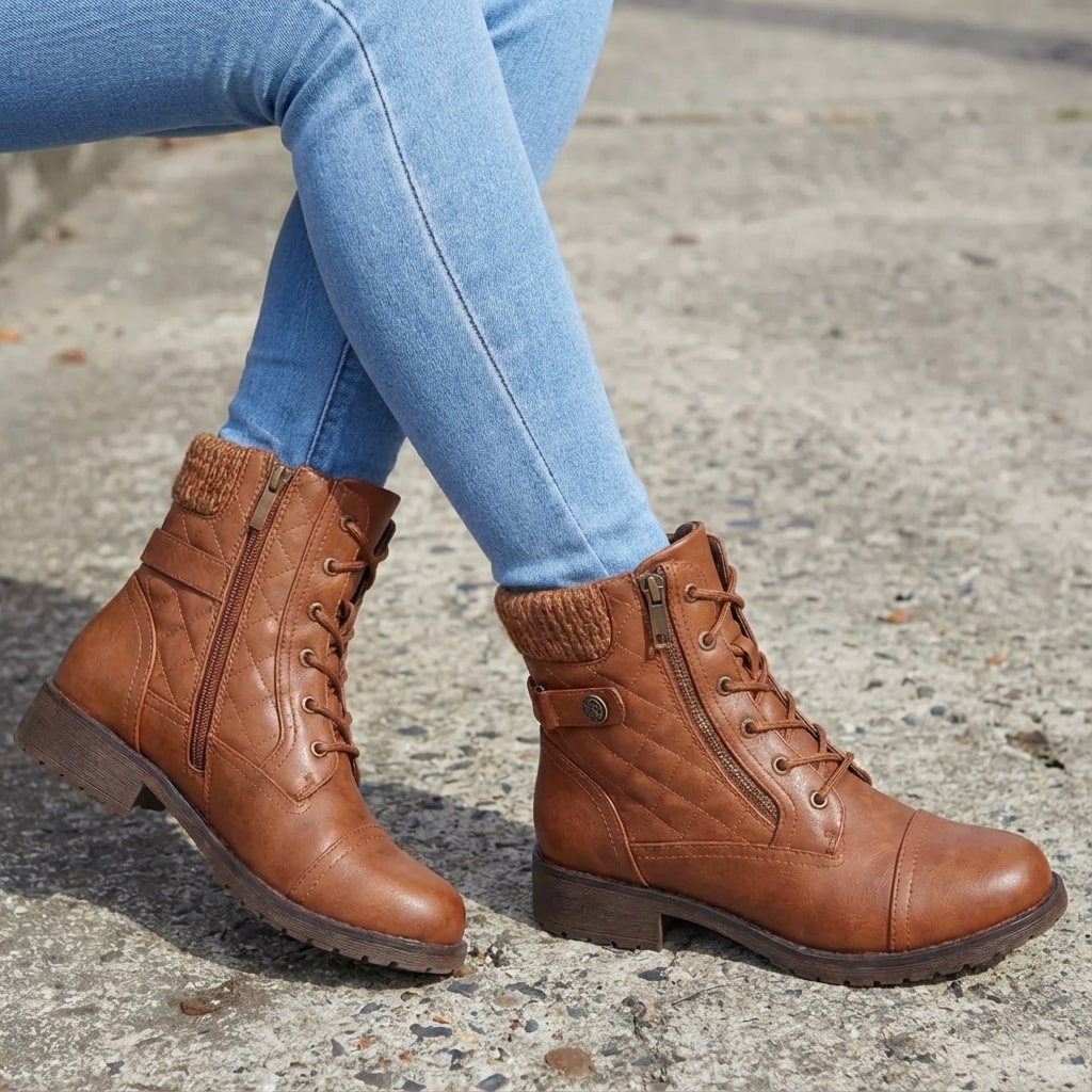 Women's Quilted Lace-Up Combat Boots with Knit Collar