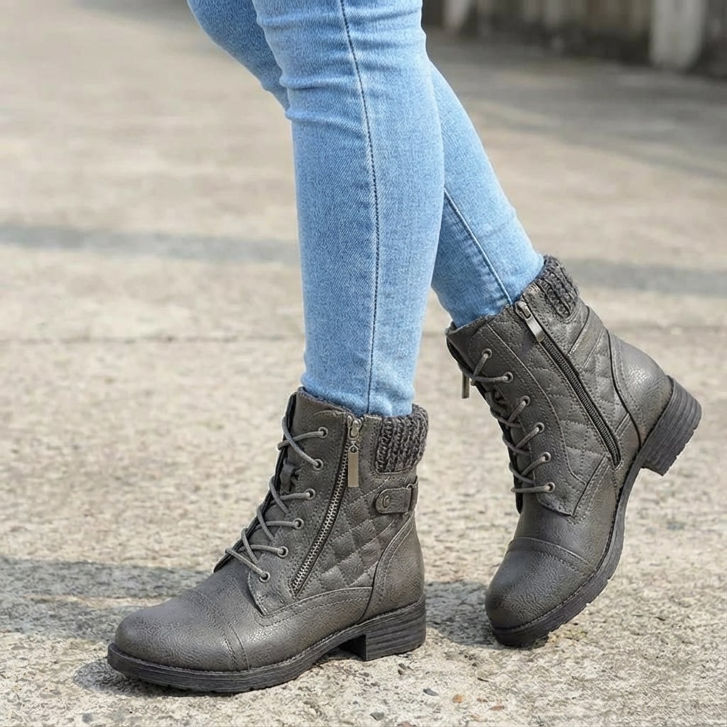 Women's Quilted Lace-Up Combat Boots with Knit Collar