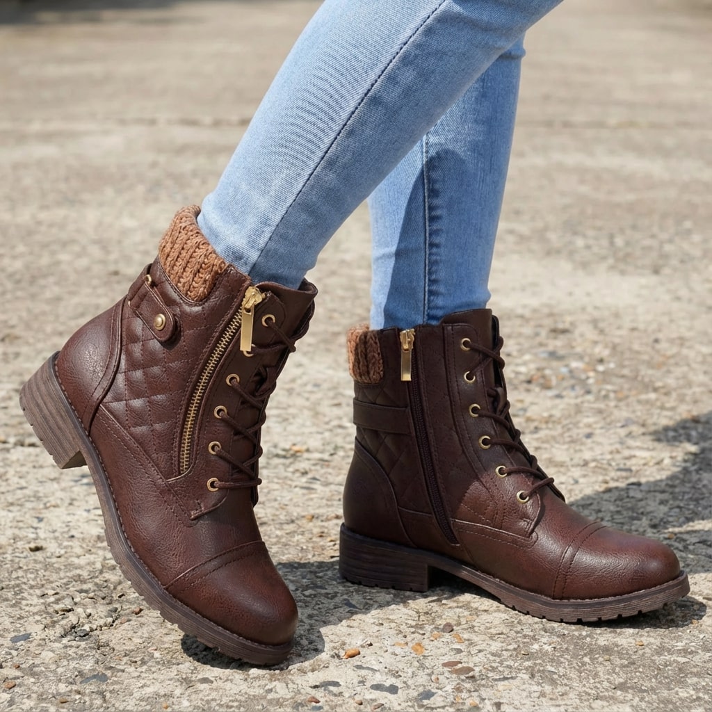 Women's Quilted Lace-Up Combat Boots with Knit Collar