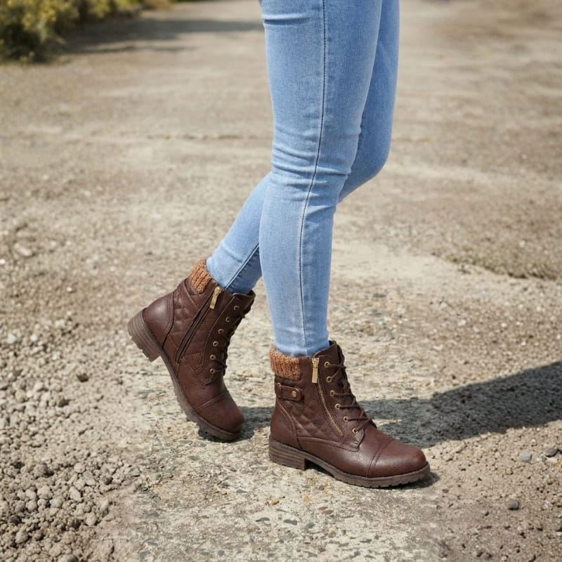 Women's Quilted Lace-Up Combat Boots with Knit Collar