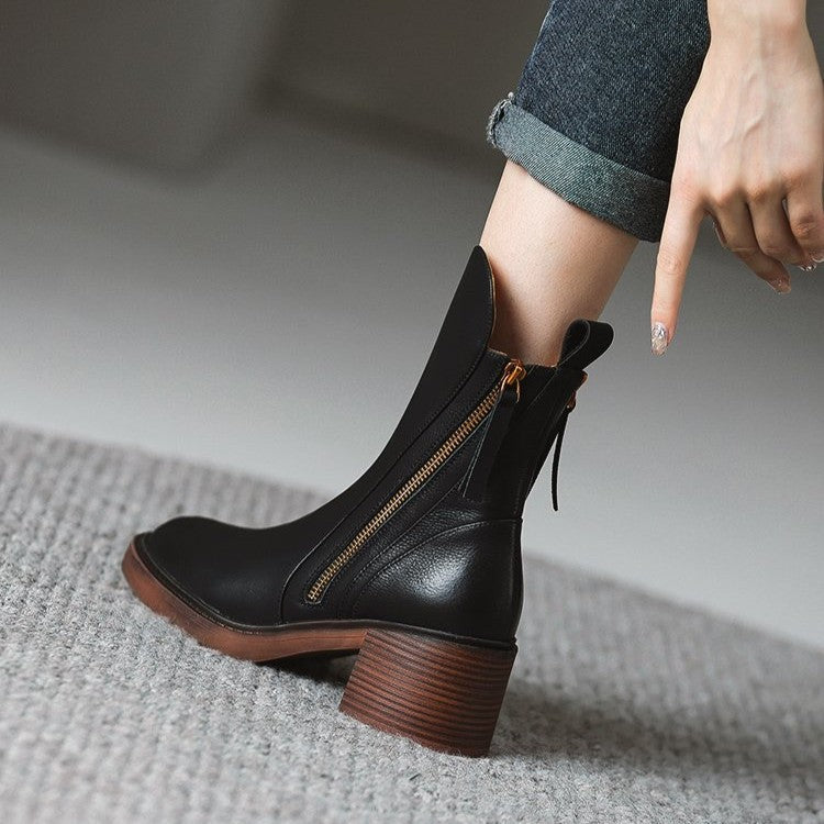 Women's Side Zip Chunky Heel Ankle Boots with Tassel Pull