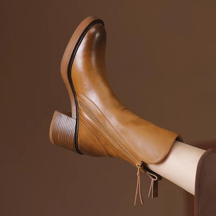 Women's Side Zip Chunky Heel Ankle Boots with Tassel Pull