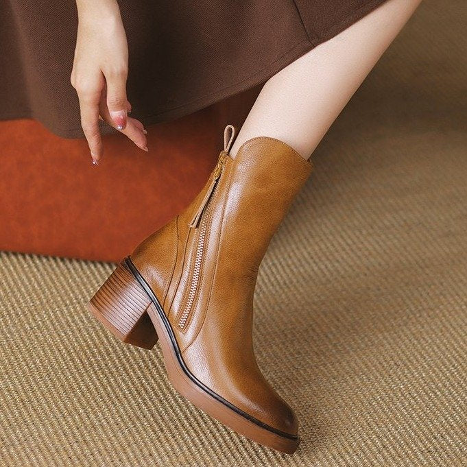 Women's Side Zip Chunky Heel Ankle Boots with Tassel Pull