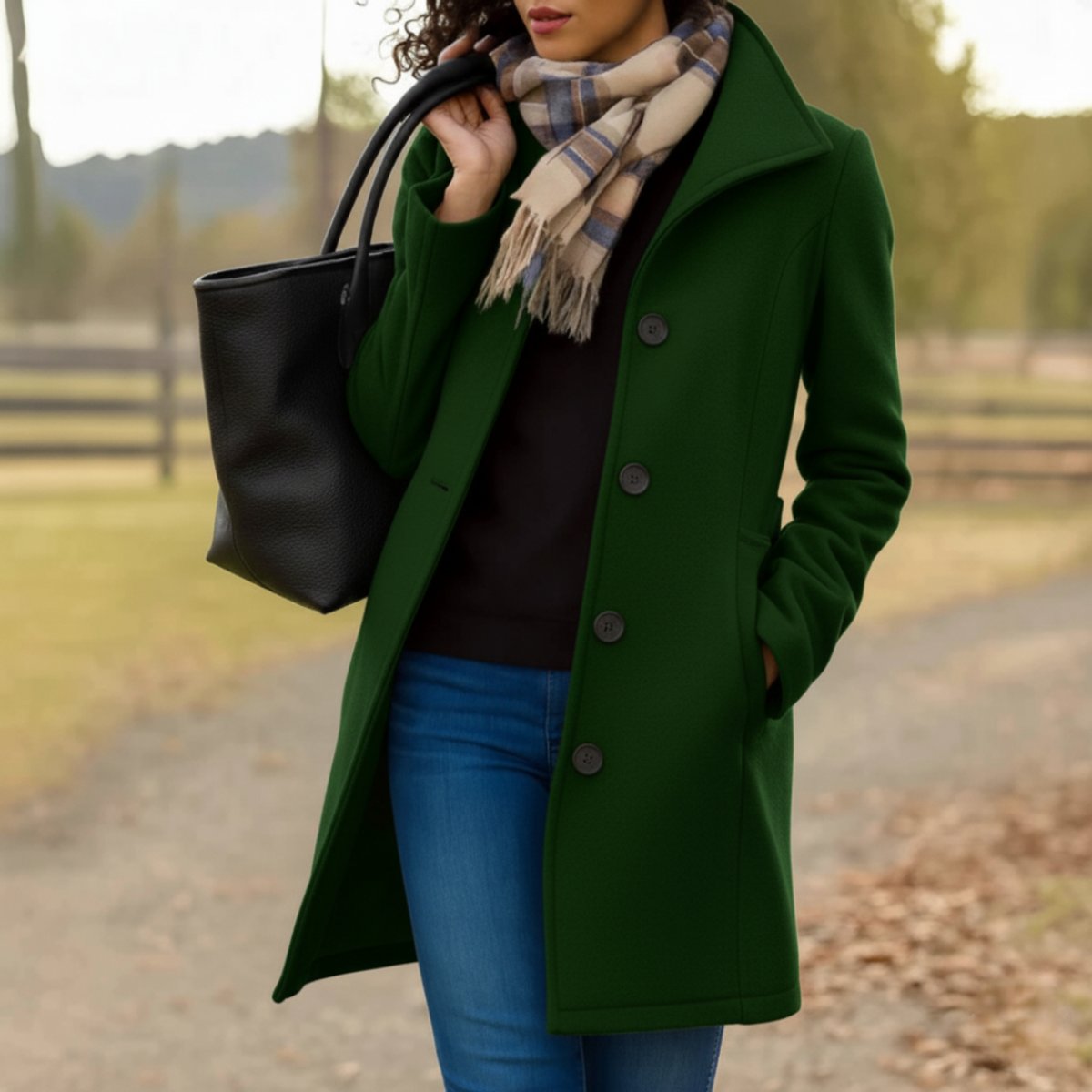 Women's Single-Breasted Wool-Look Mid-Length Coat with Pockets