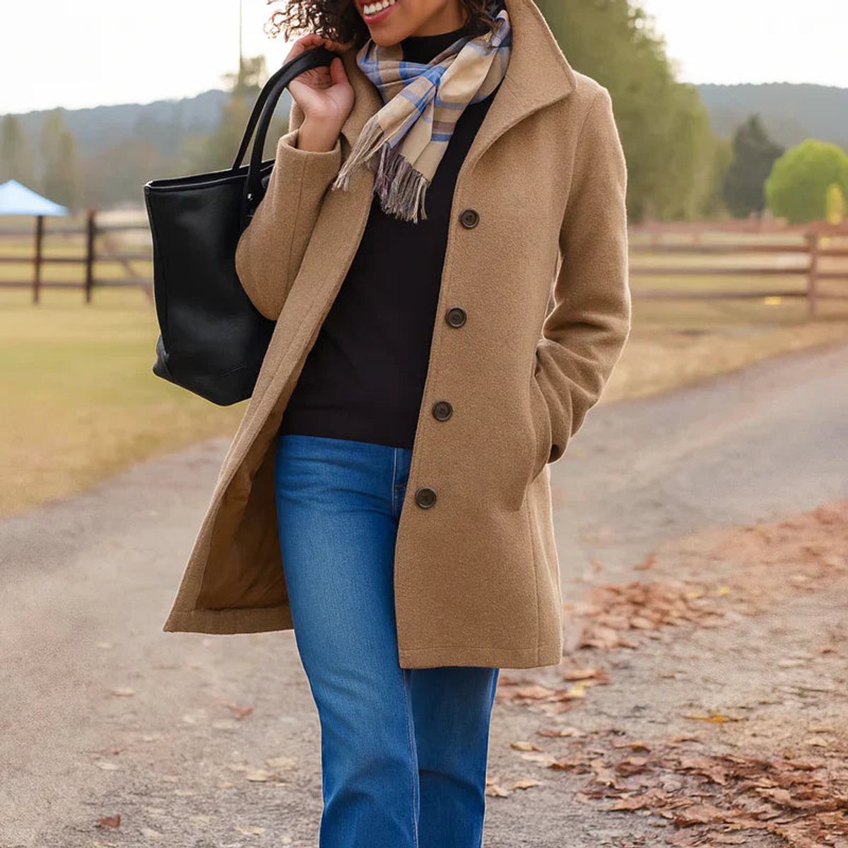 Women's Single-Breasted Wool-Look Mid-Length Coat with Pockets