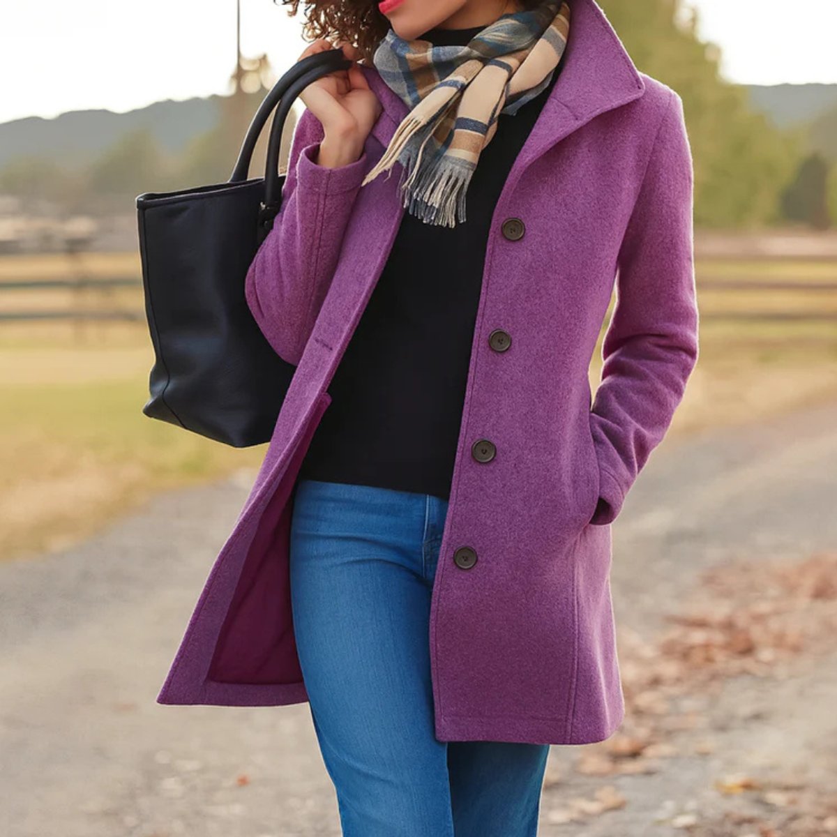 Women's Single-Breasted Wool-Look Mid-Length Coat with Pockets