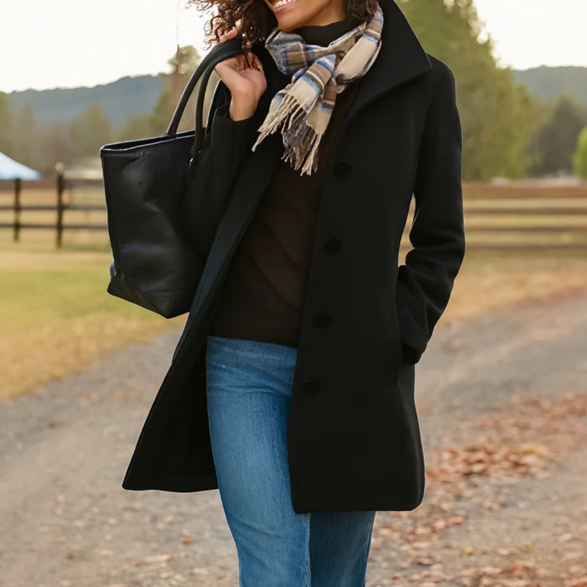 Women's Single-Breasted Wool-Look Mid-Length Coat with Pockets