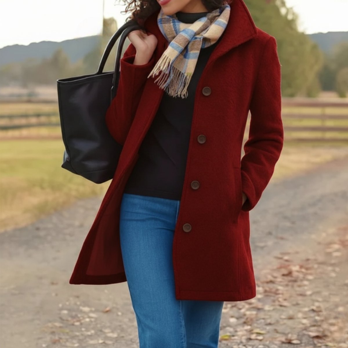 Women's Single-Breasted Wool-Look Mid-Length Coat with Pockets
